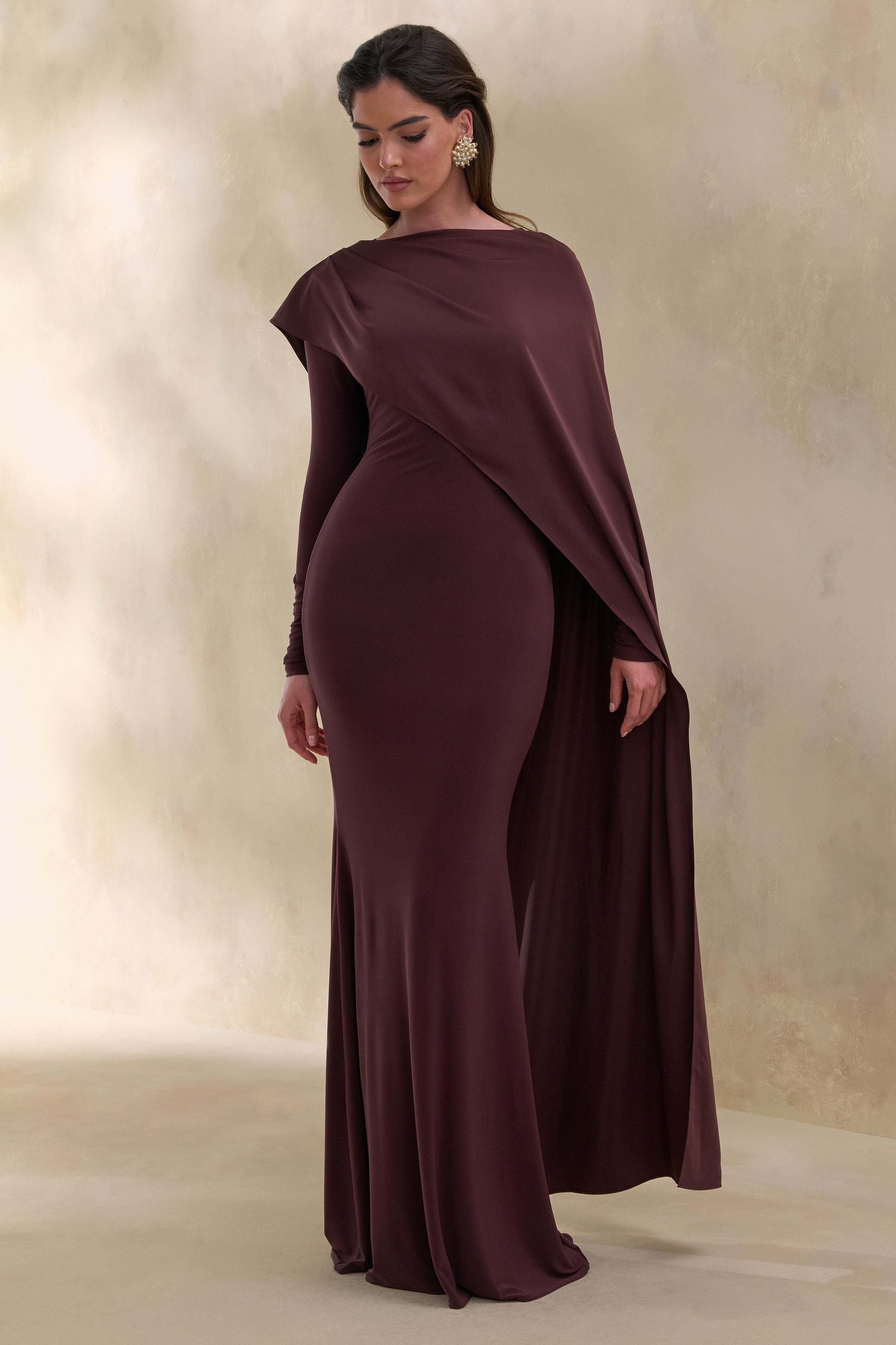 Salenne | Brown Round-Neck Maxi Dress With Satin Asymmetric-Cape