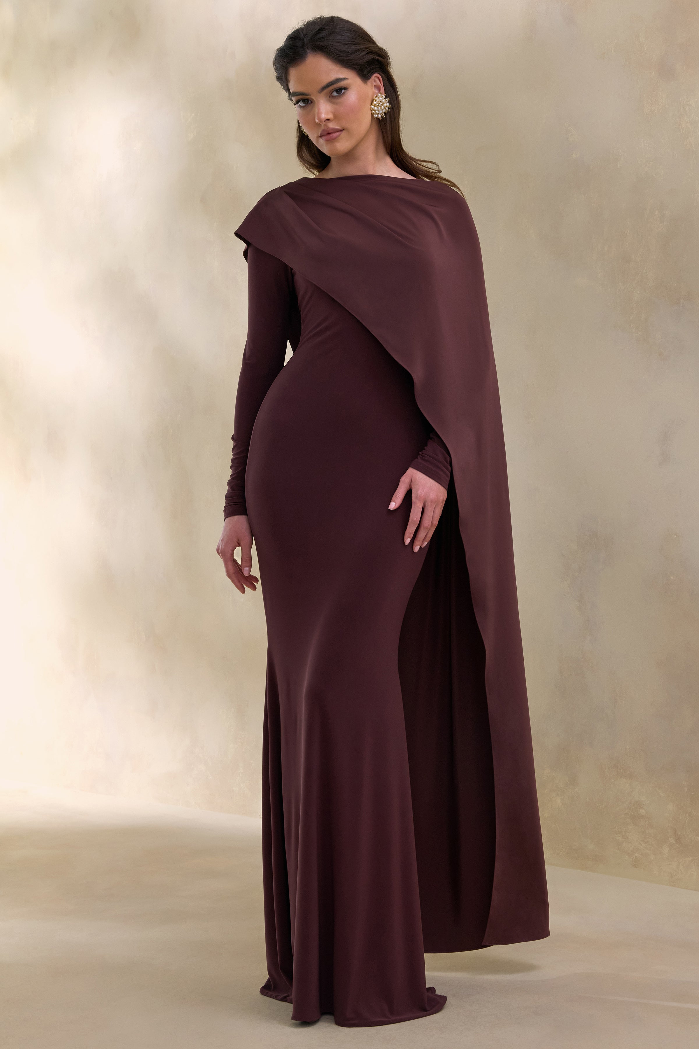 Salenne | Brown Round-Neck Maxi Dress With Satin Asymmetric-Cape