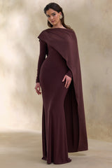 Salenne | Brown Round-Neck Maxi Dress With Satin Asymmetric-Cape
