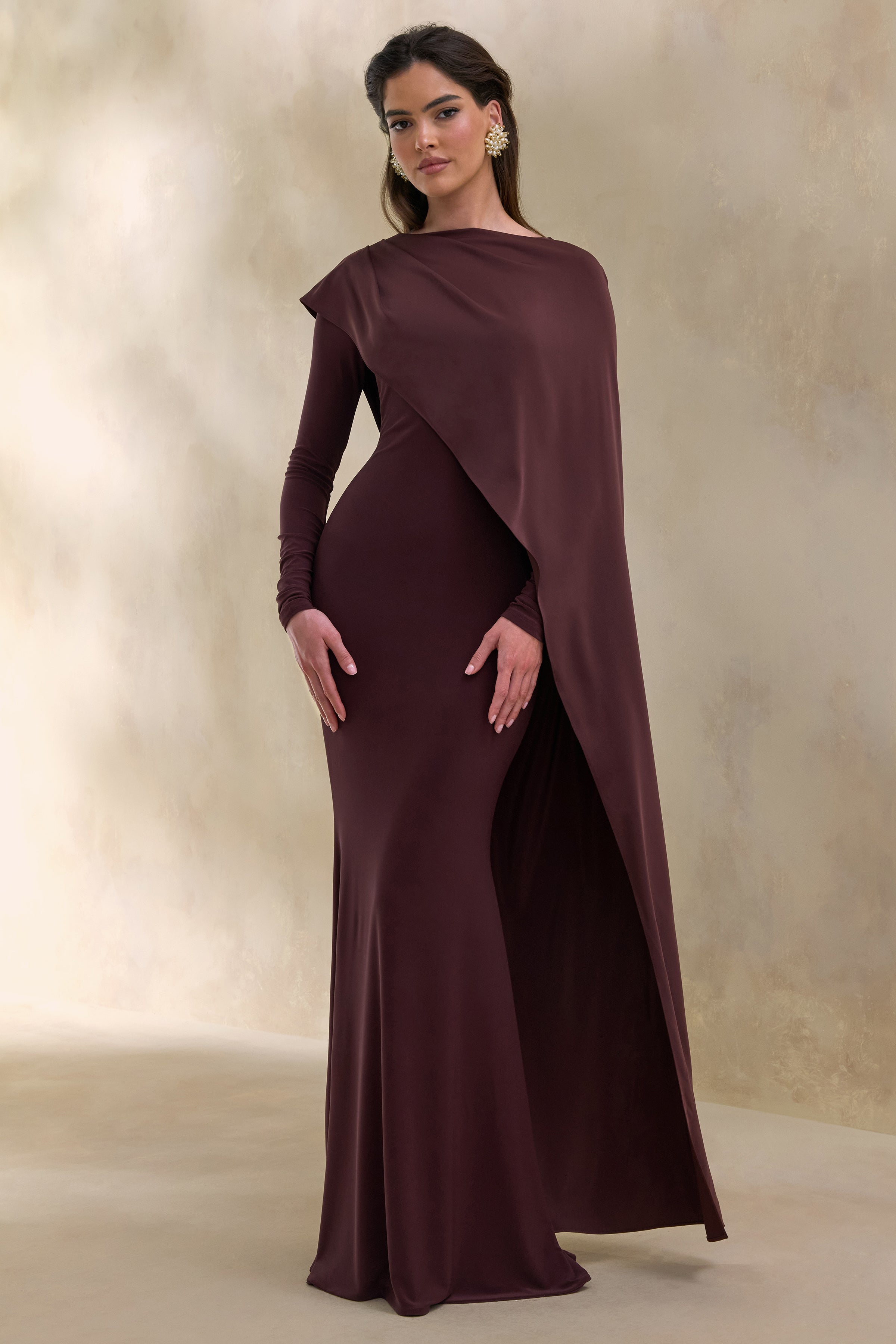 Salenne | Brown Round-Neck Maxi Dress With Satin Asymmetric-Cape