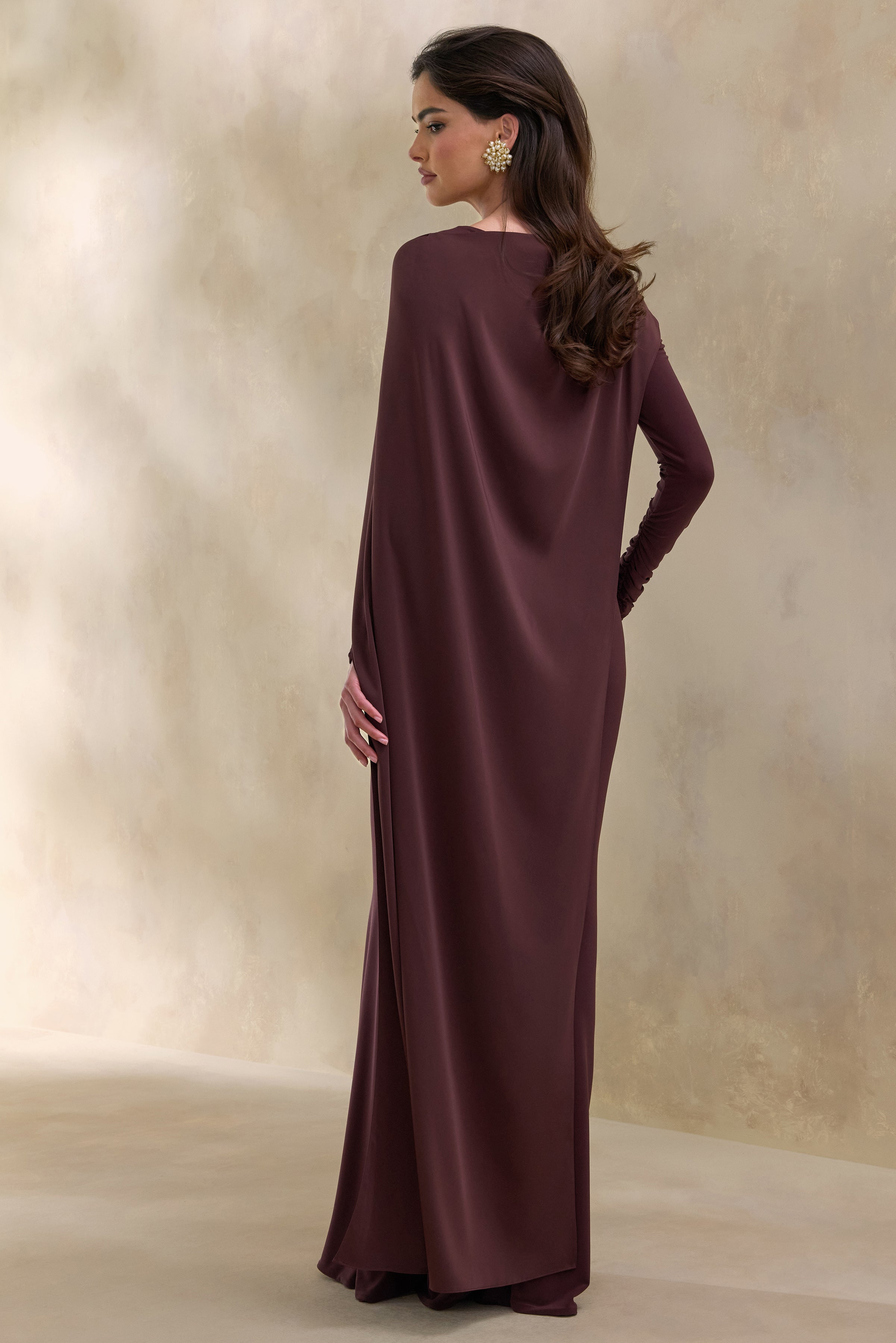 Salenne | Brown Round-Neck Maxi Dress With Satin Asymmetric-Cape