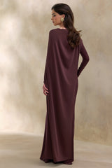 Salenne | Brown Round-Neck Maxi Dress With Satin Asymmetric-Cape