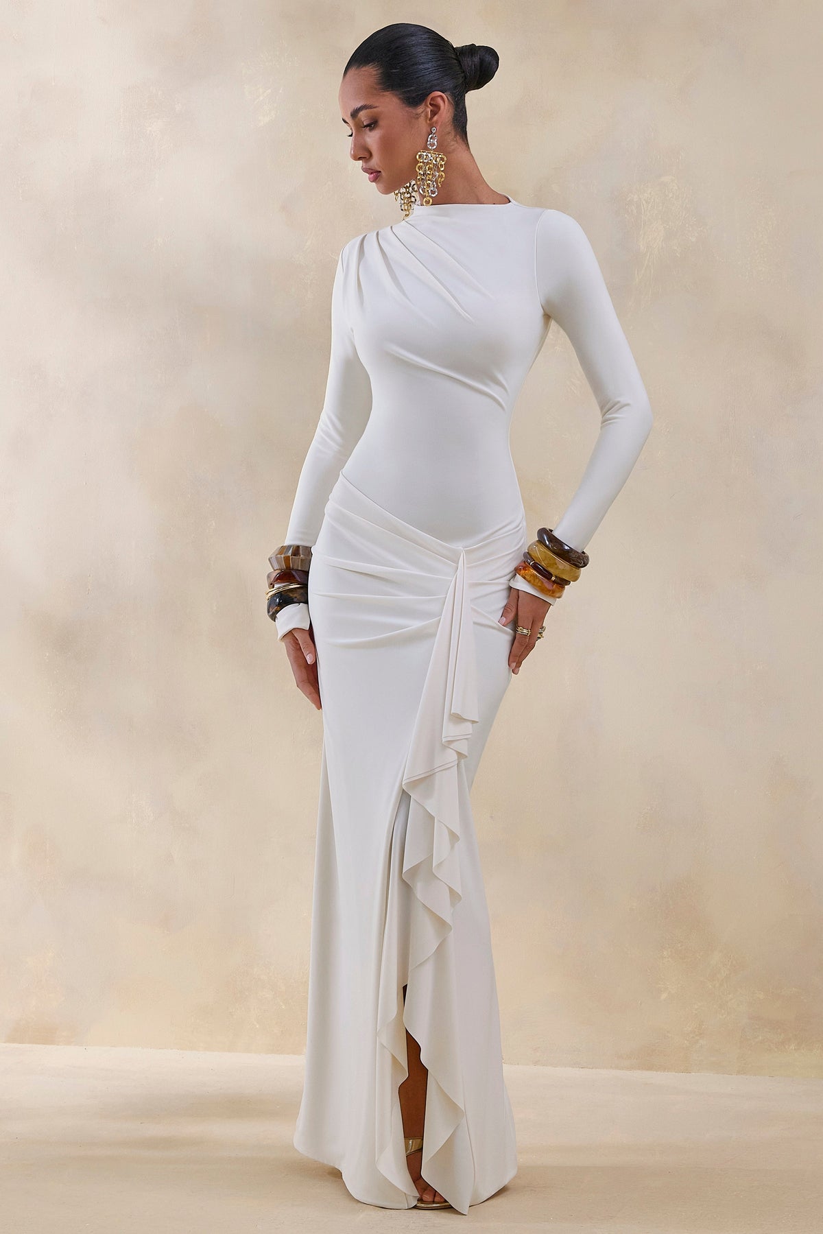 Karessa | Cream High-Neck Maxi Dress With Gathered Detailing And Front-High Split