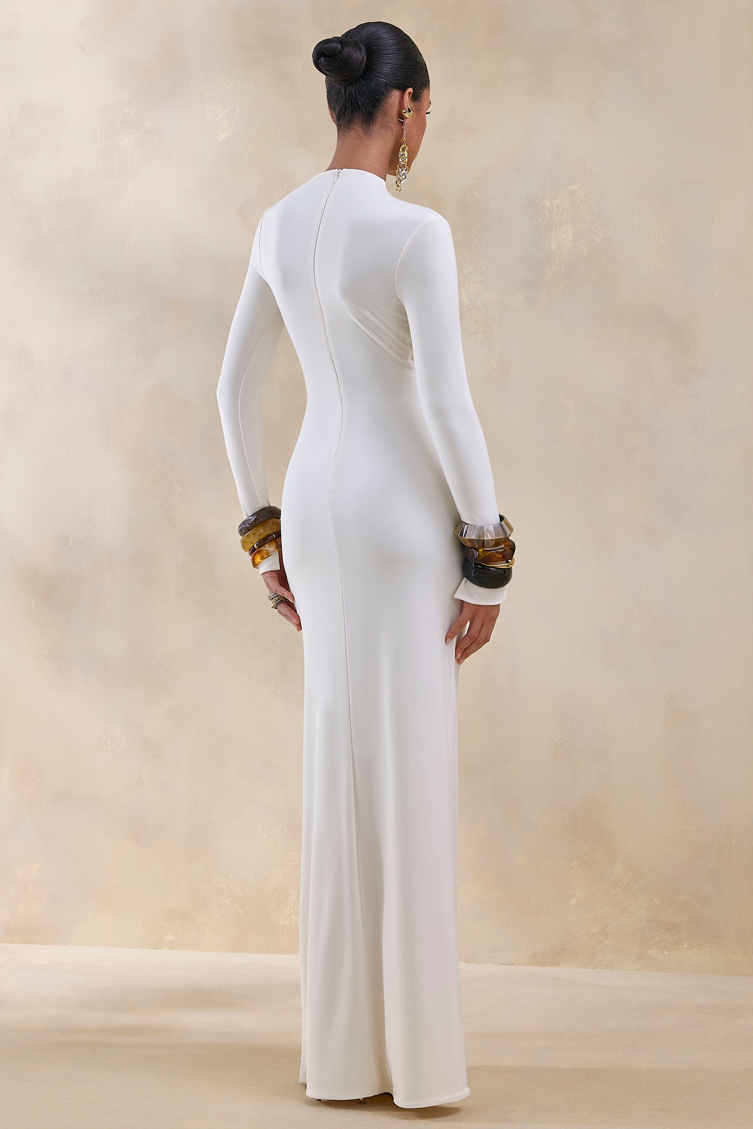 Karessa | Cream High-Neck Maxi Dress With Gathered Detailing And Front-High Split