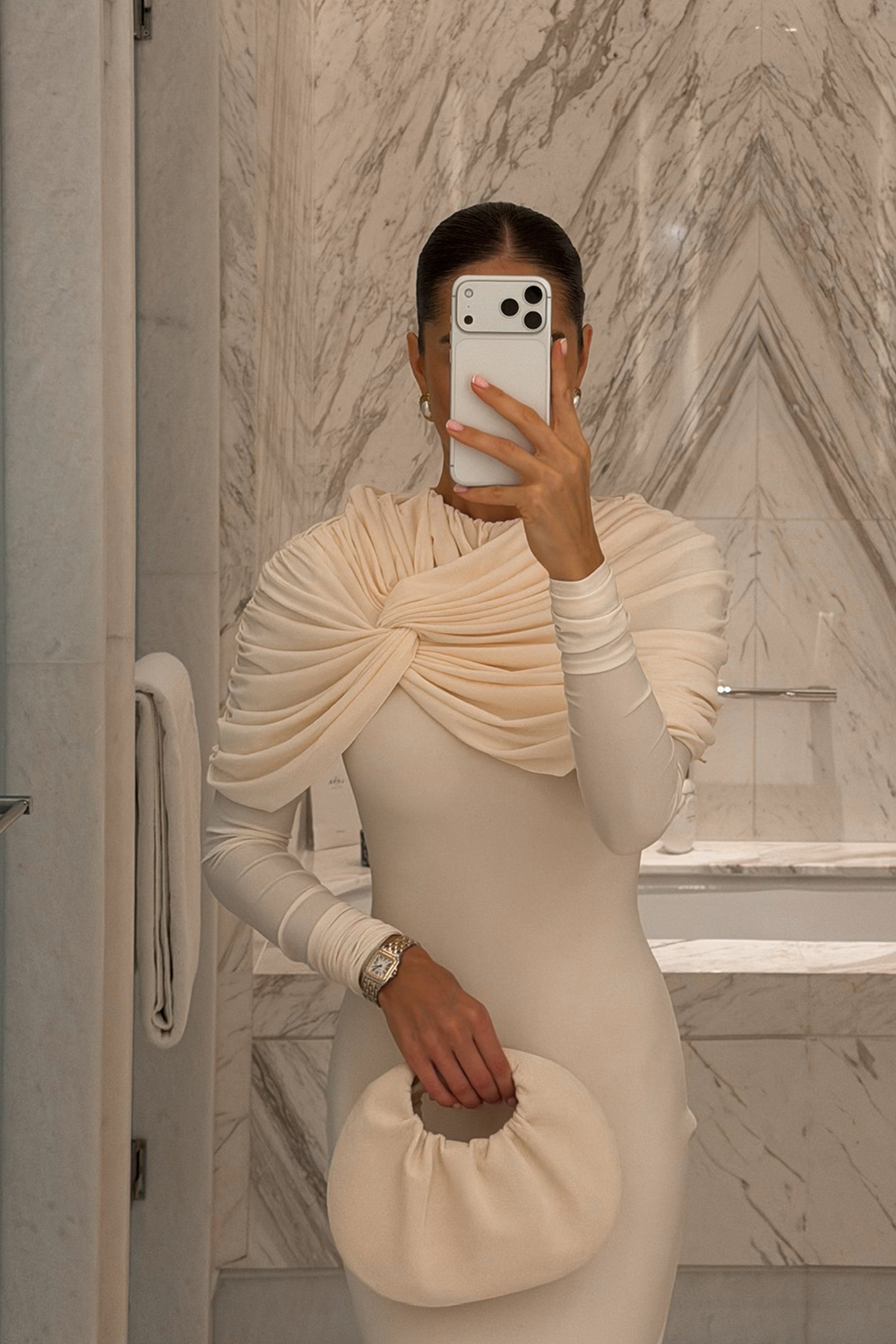 Evessa | Cream High-Neck Maxi Dress With Gathered-Detailing