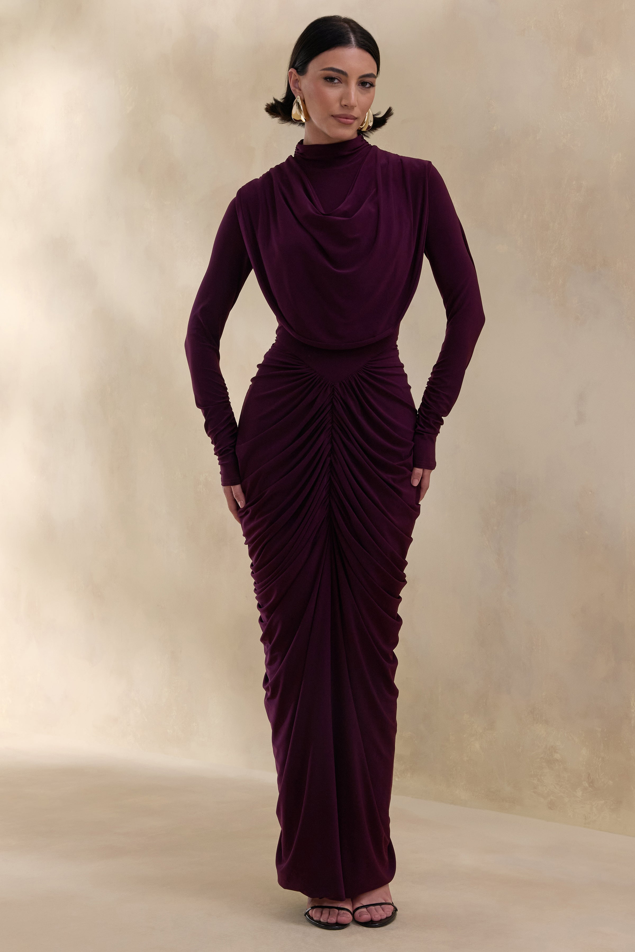 Harmona | Dark Plum High-Neck Maxi Dress With Gathered And Draped-Detailing