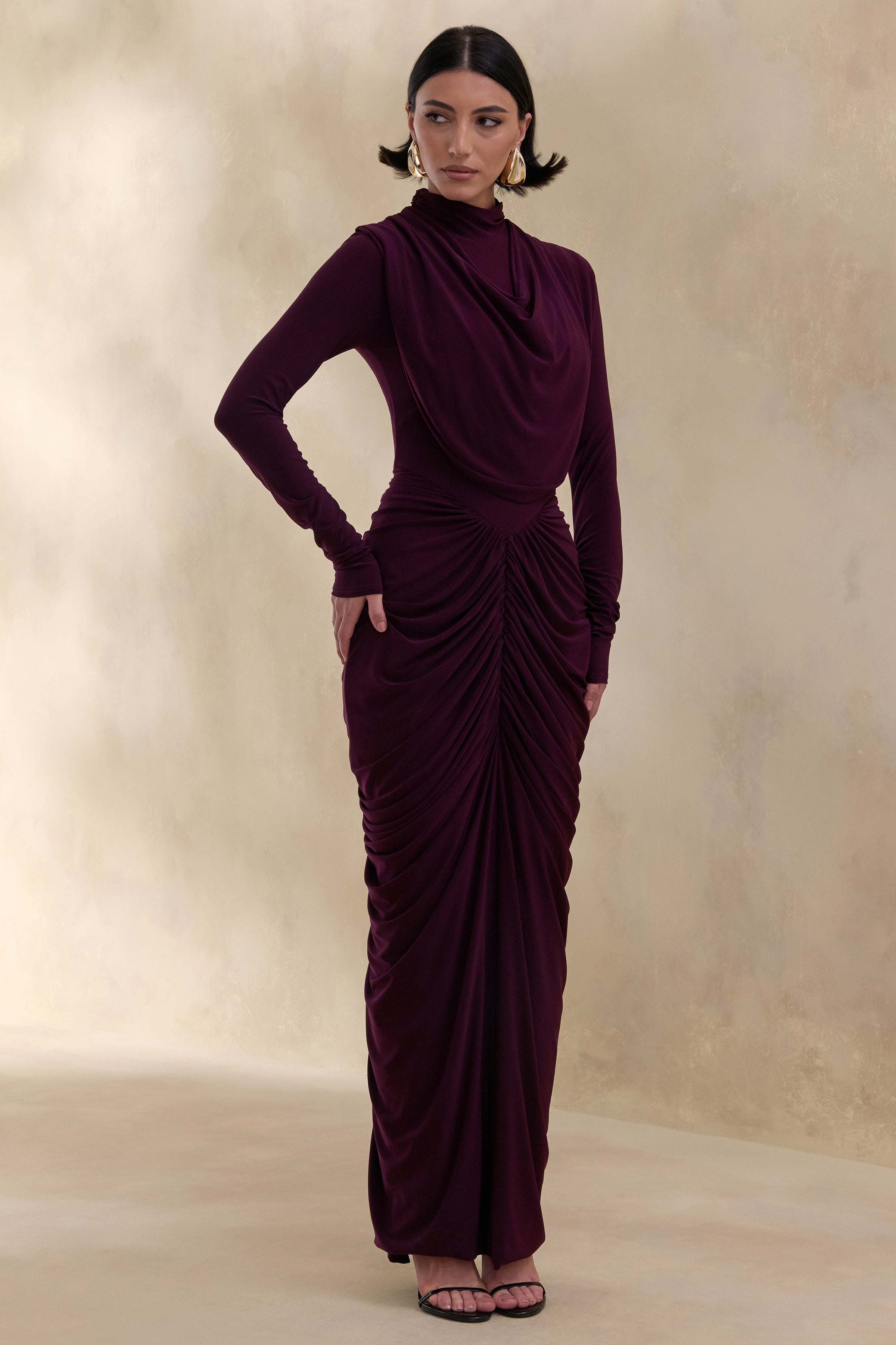 Harmona | Dark Plum High-Neck Maxi Dress With Gathered And Draped-Detailing