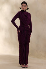 Harmona | Dark Plum High-Neck Maxi Dress With Gathered And Draped-Detailing