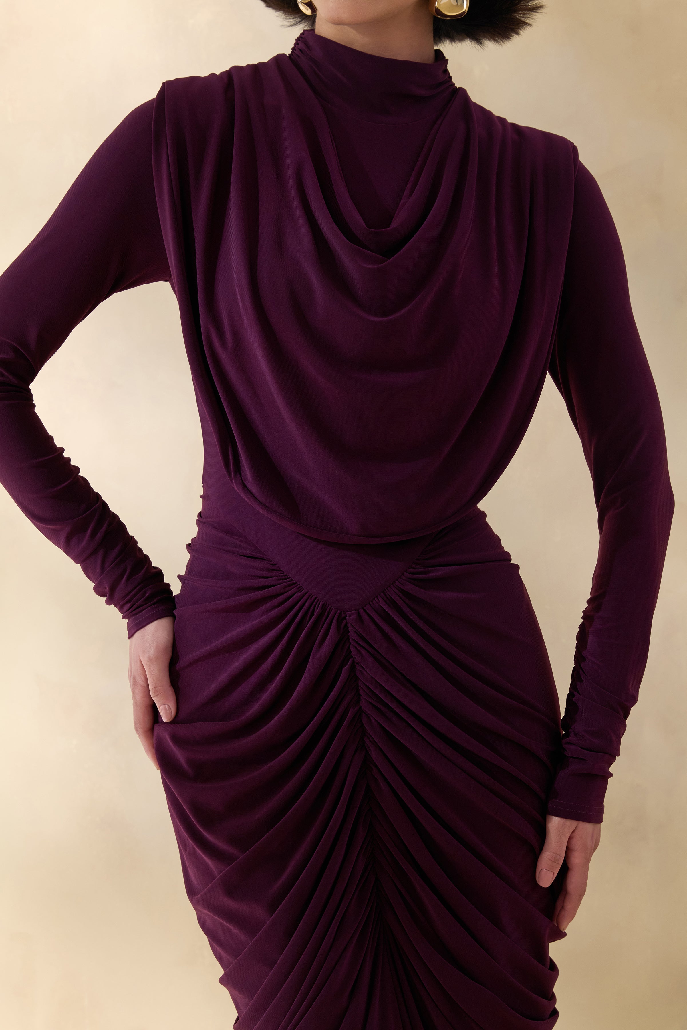 Harmona | Dark Plum High-Neck Maxi Dress With Gathered And Draped-Detailing