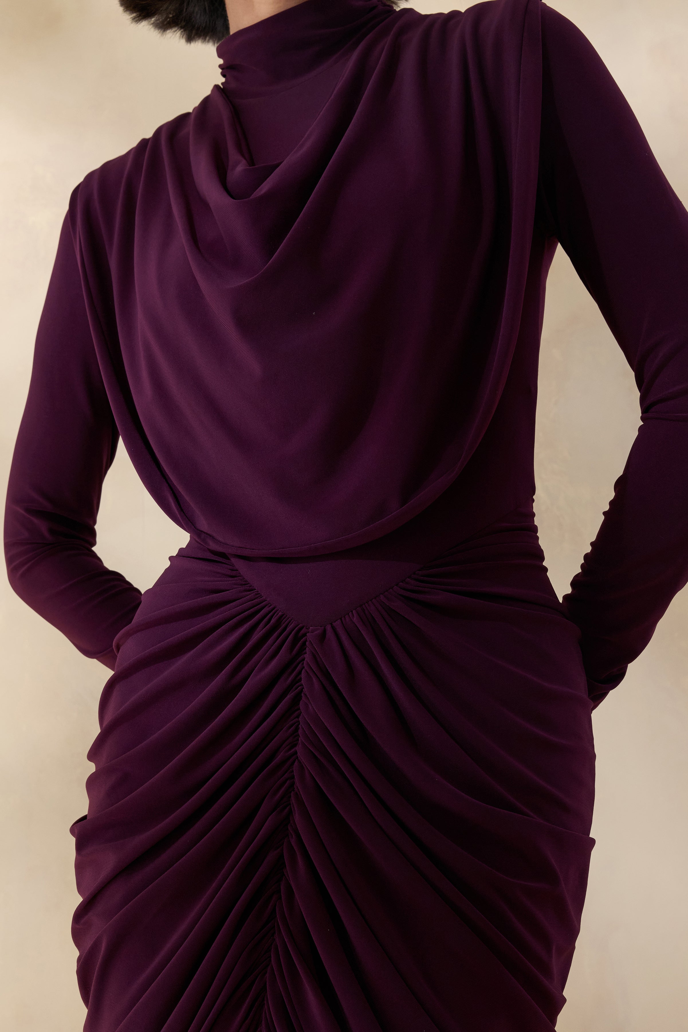 Harmona | Dark Plum High-Neck Maxi Dress With Gathered And Draped-Detailing