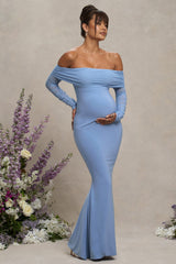 Pretty Perfect | Powder Blue Maternity Ruched Mesh Bardot Maxi Dress