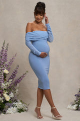 Patiently Waiting | Powder Blue Maternity Ruched Mesh Bardot Midi Dress