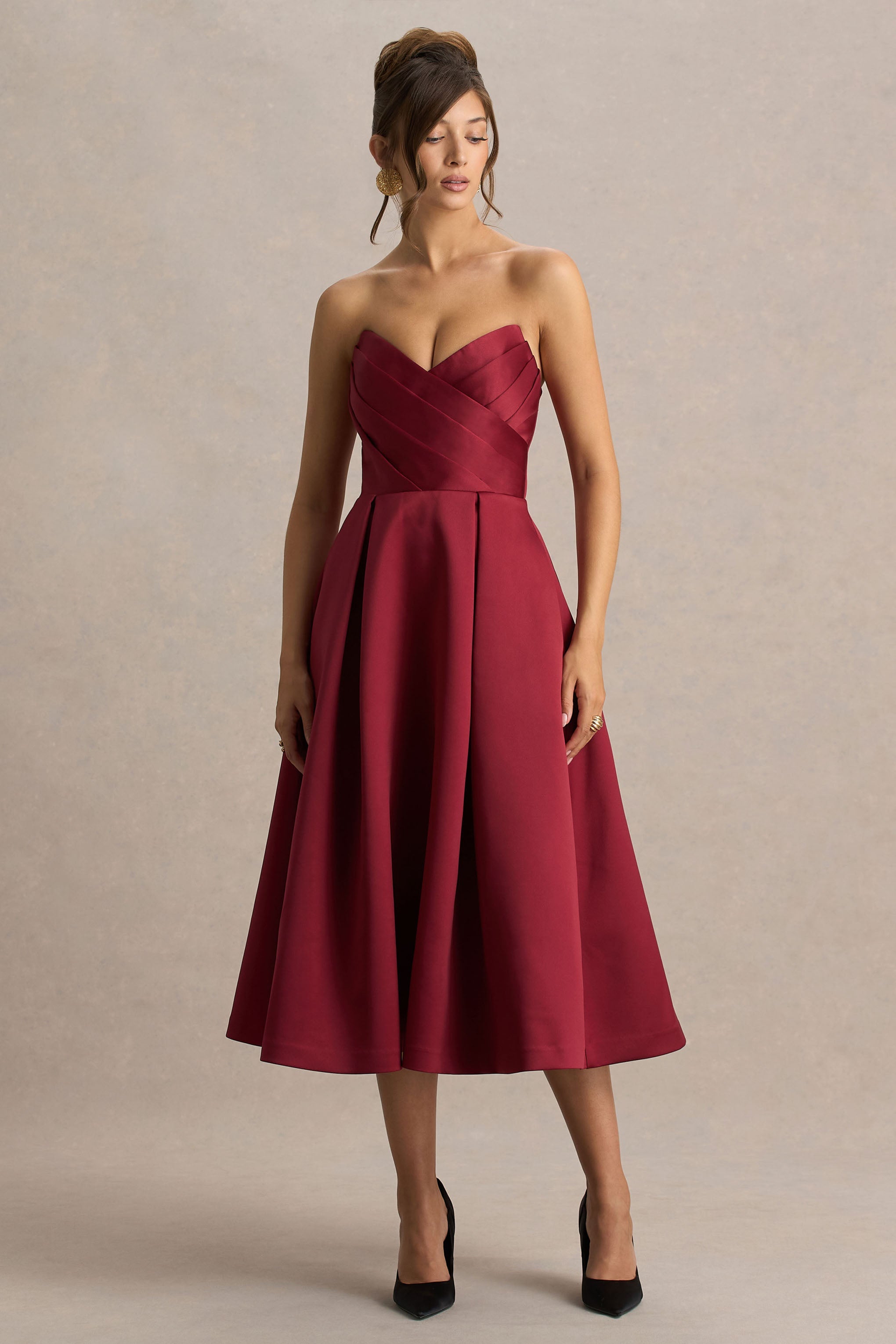 Promises | Red Satin Sweetheart-Neck Midi Dress