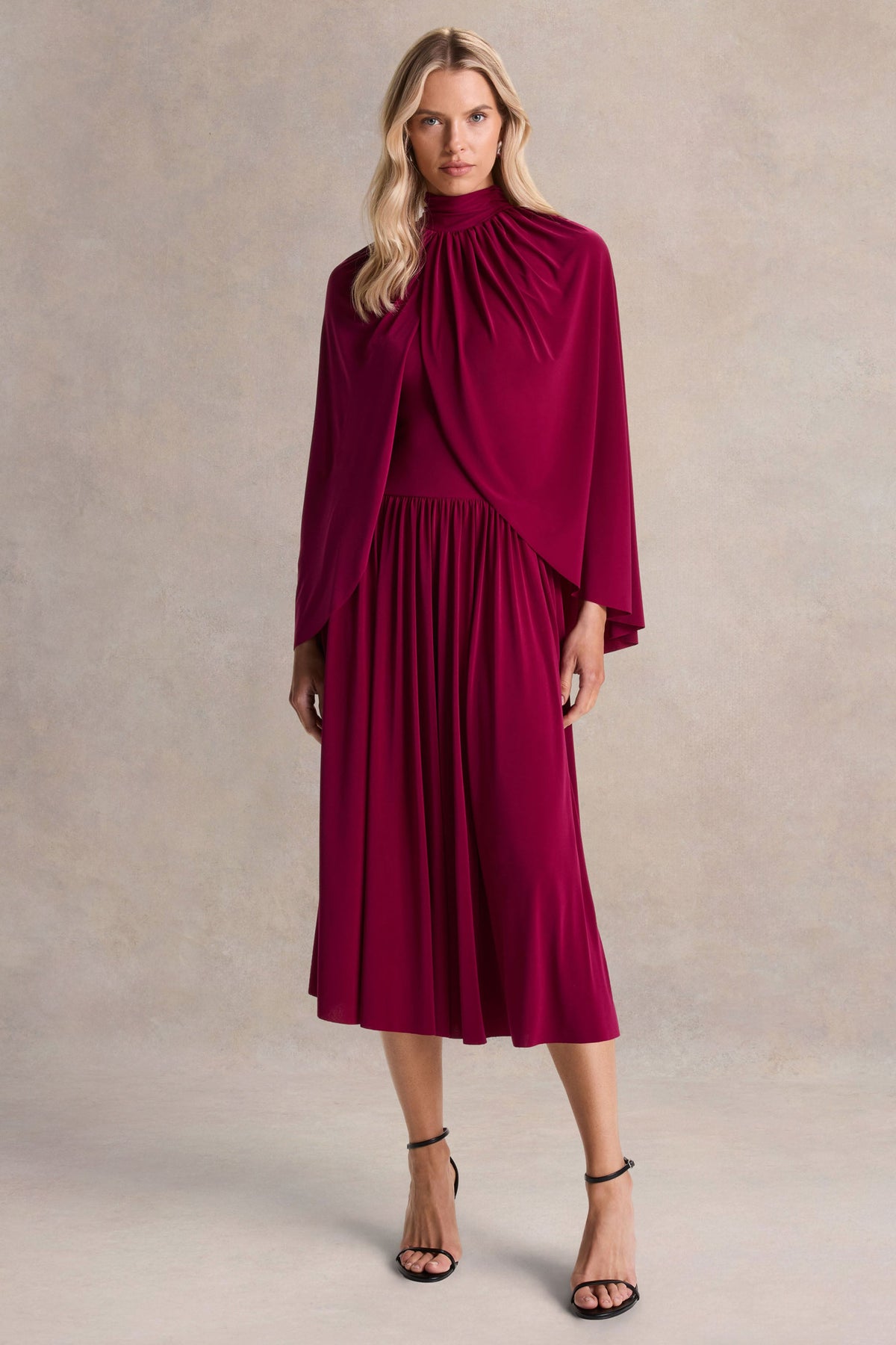 Honora | Burgundy High-Neck Midi Dress With Cape-Sleeves