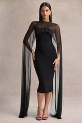 Filippa | Black Crew-Neck Midi Dress With Sheer Cape-Sleeves