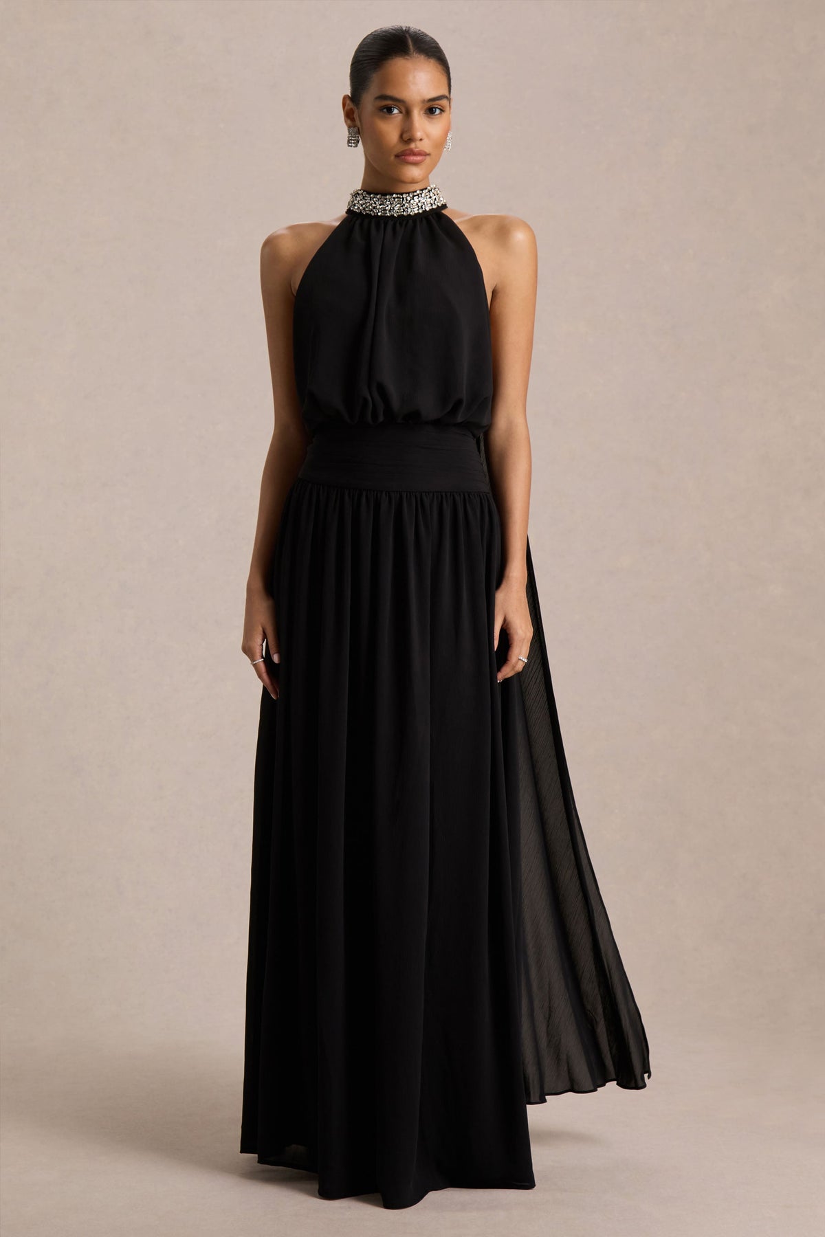 Marie | Black Halter-Neck Maxi Dress With Embellished Detailing