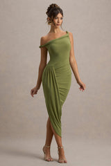 Angelique | Olive Green Twisted Asymmetric Maxi Dress
