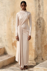 Romi | Champagne High-Neck Maxi Dress With Ruched Detailing