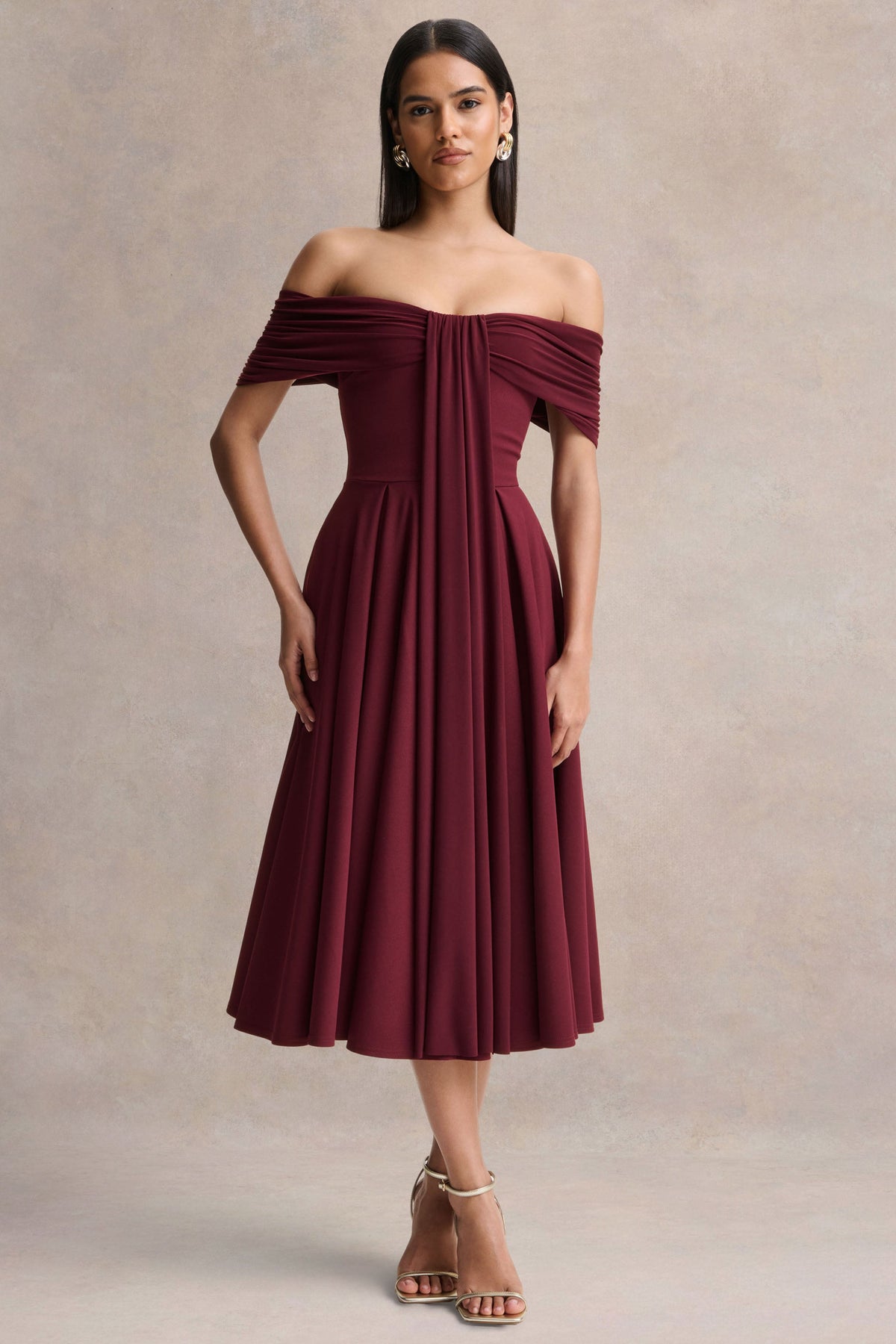 Dearest | Burgundy Bardot-Neck Midi Dress