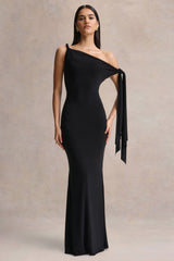 Vista | Black Asymmetric-Neck Maxi Dress With Knot-Sleeve Detail