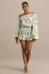 Waterfall | White Botanical Print Asymmetric Long-Sleeve Playsuit
