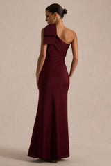 Josephine | Burgundy Satin Asymmetric-Neck Maxi Dress With Bow Detail
