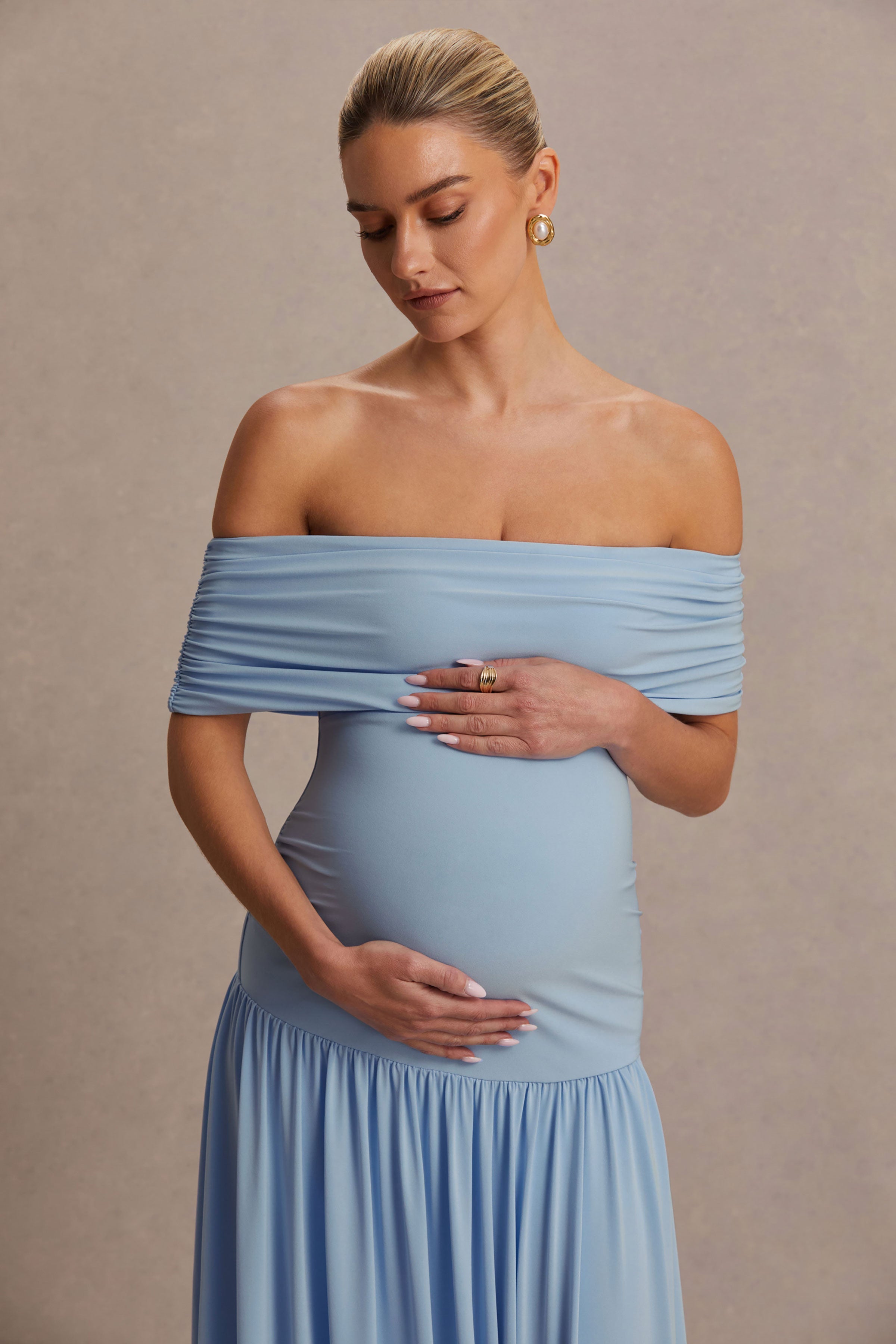 Juliette | Powder Blue Bardot-Neck Maternity Maxi Dress With Drop-Waist