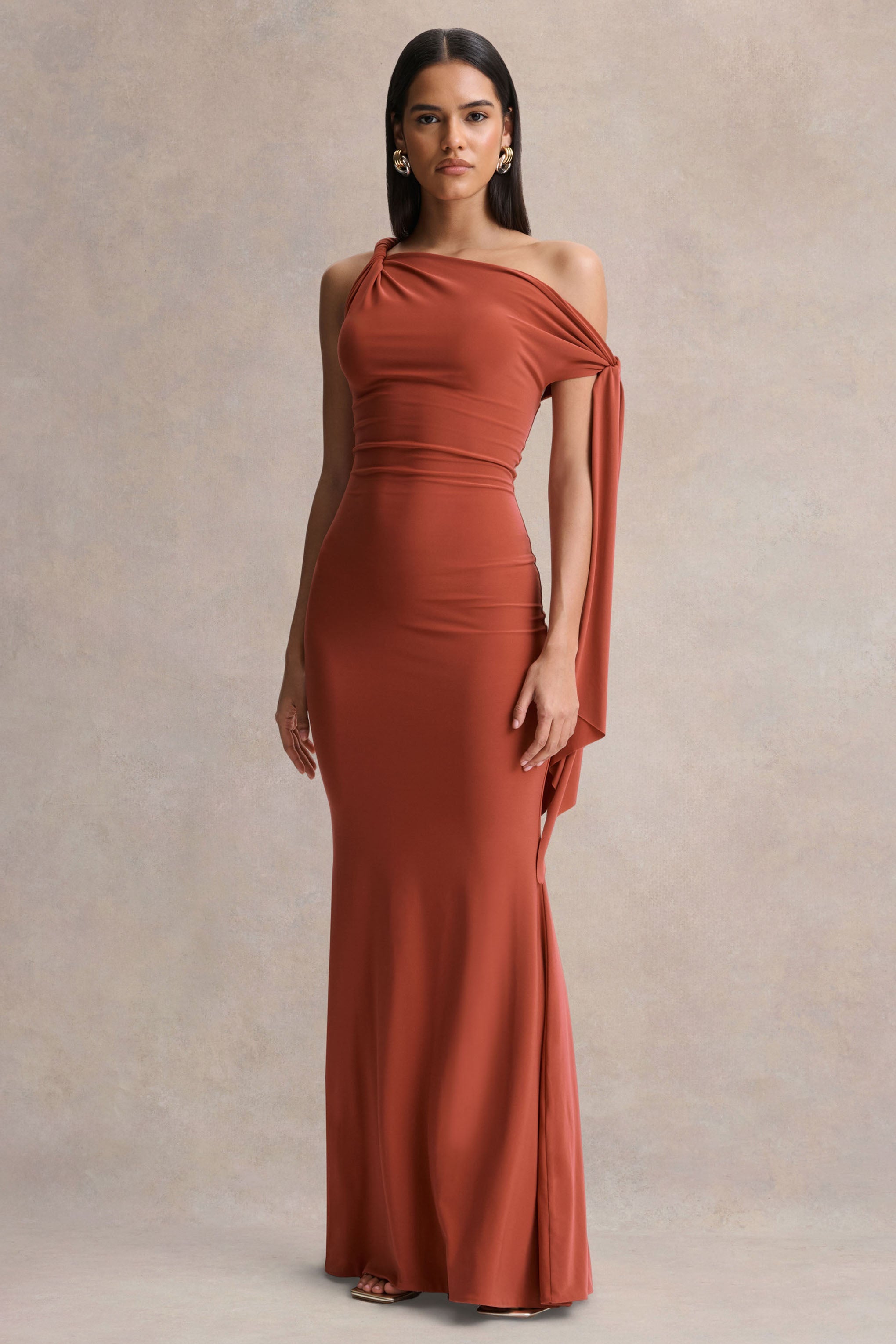 Vista | Rust Asymmetric-Neck Maxi Dress With Knot-Sleeve Detail