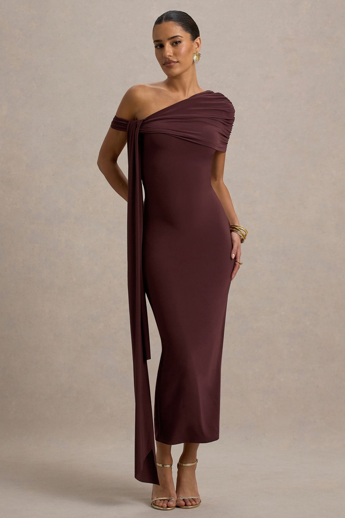 Praia | Chocolate Brown Asymmetric-Neck Midi Dress With Sash and Draped Detailing