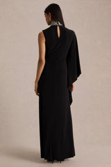 Oriana | Black Embellished High-Neck Maxi Dress With One-Cape Sleeve