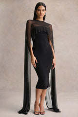 Filippa | Black Crew-Neck Midi Dress With Sheer Cape-Sleeves