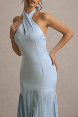 Sansa | Powder Blue Satin Cross Halter-Neck Plisse Maxi Dress