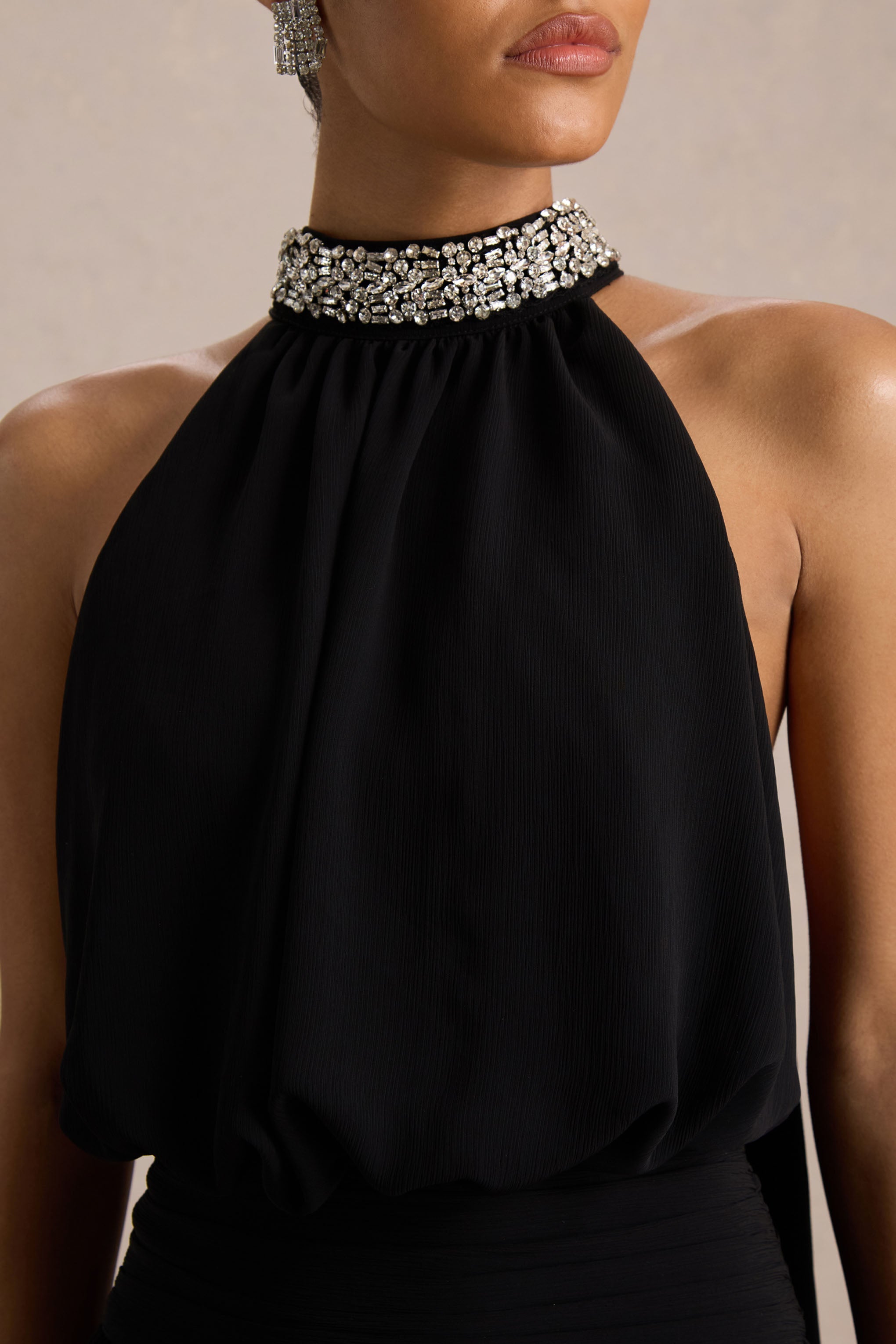 Marie | Black Halter-Neck Maxi Dress With Embellished Detailing