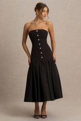 Briella | Black Bandeau Midi Dress With Gold-Button Detailing