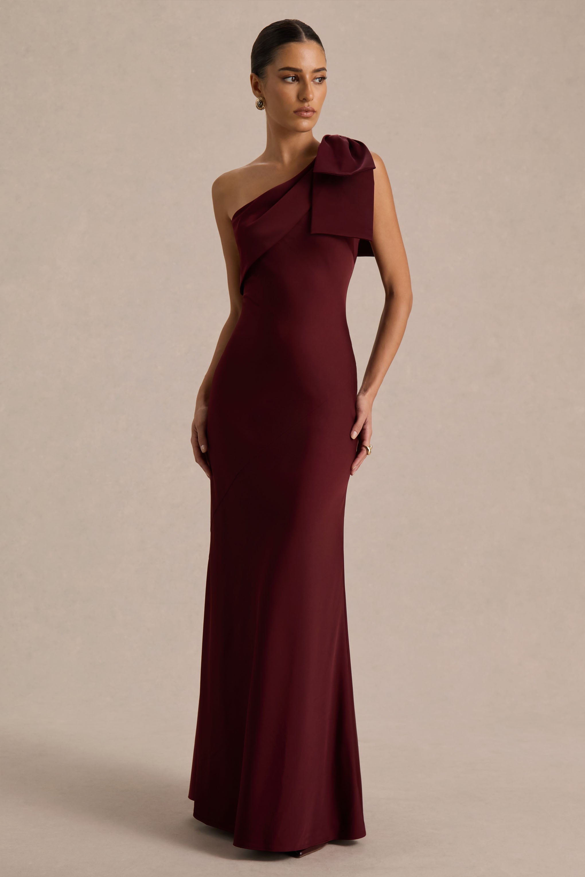 Josephine | Burgundy Satin Asymmetric-Neck Maxi Dress With Bow Detail