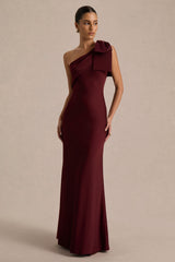 Josephine | Burgundy Satin Asymmetric-Neck Maxi Dress With Bow Detail