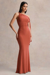 Vista | Rust Asymmetric-Neck Maxi Dress With Knot-Sleeve Detail