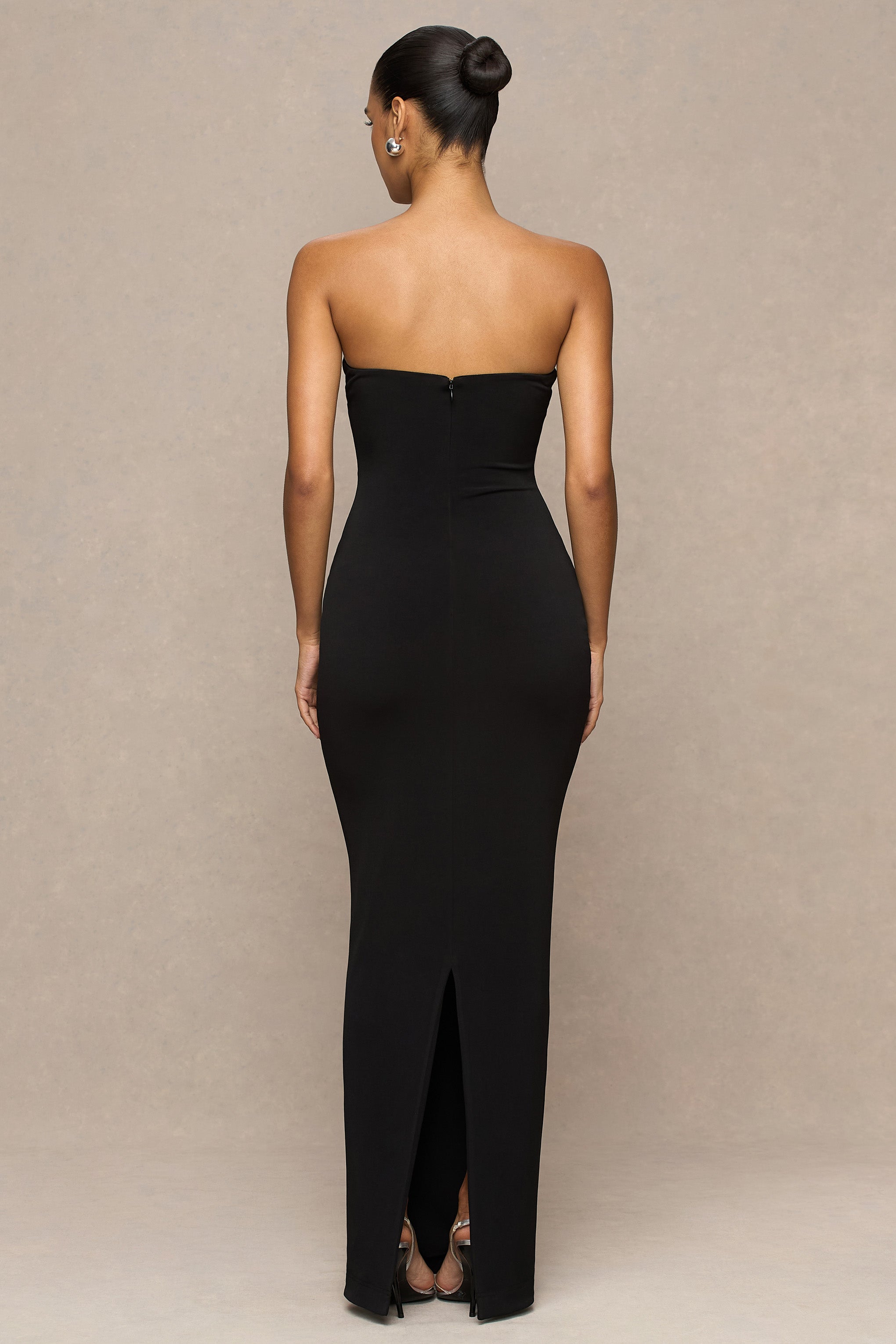 Milania | Black Asymmetric-Neck Maxi Dress With Twist-Sleeve