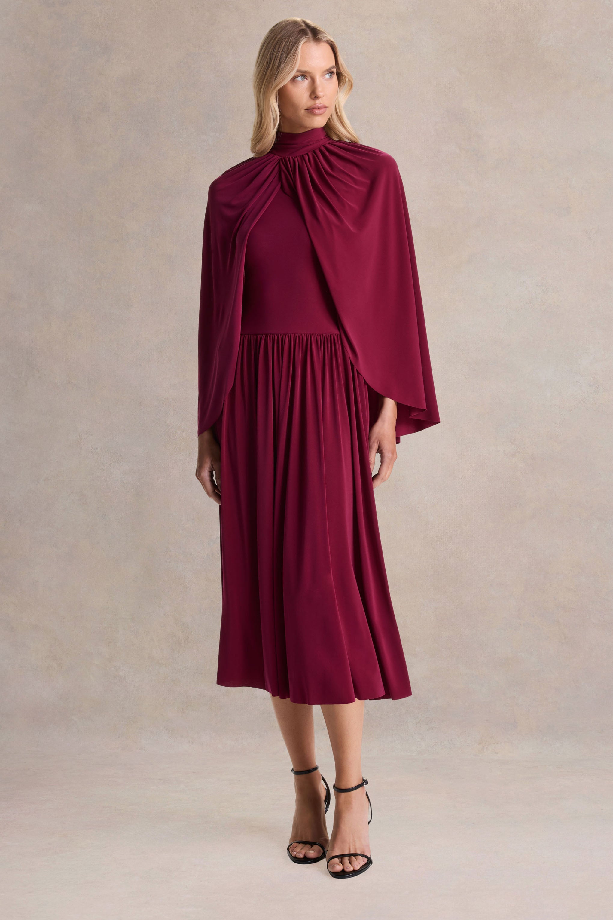 Honora | Burgundy High-Neck Midi Dress With Cape-Sleeves