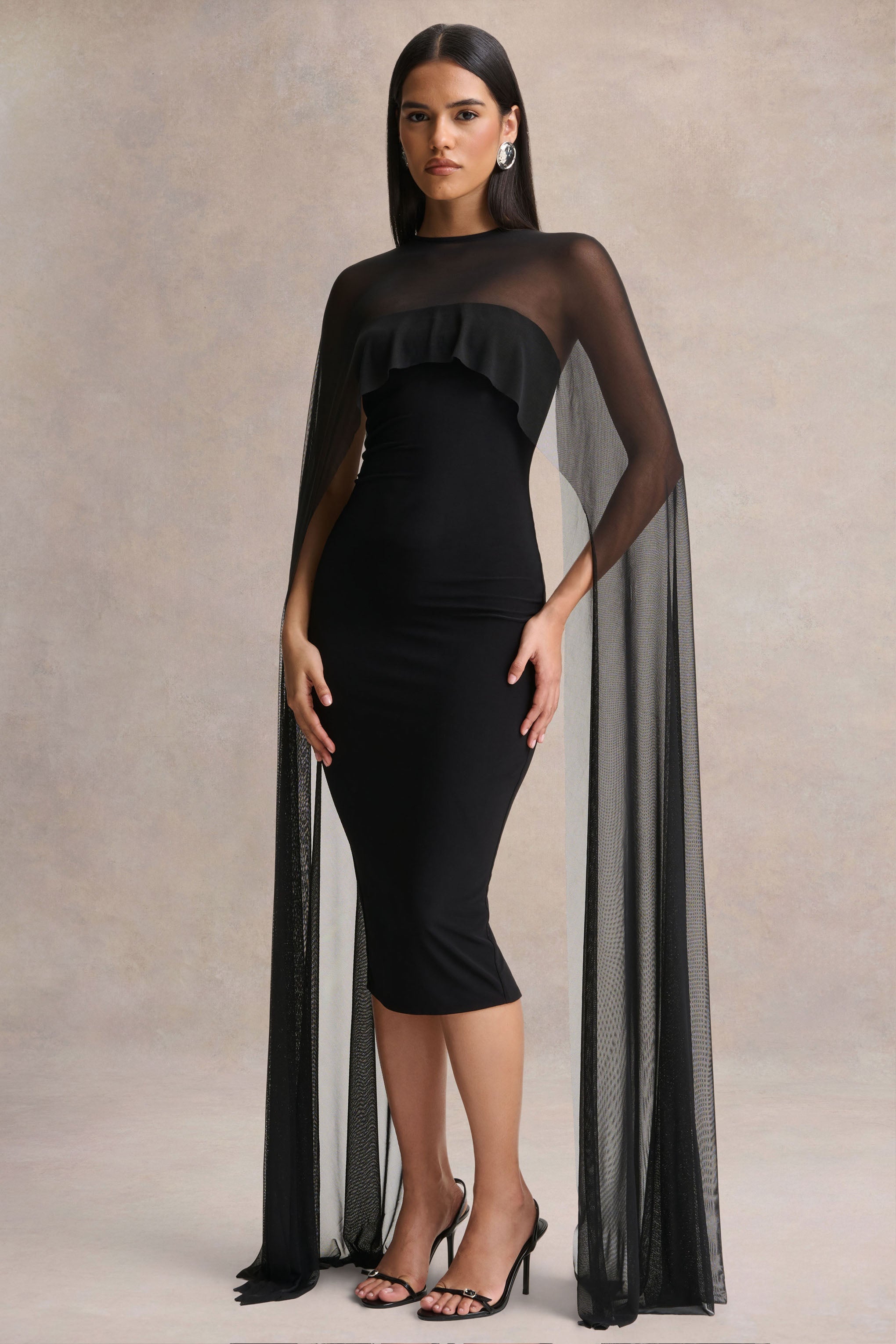 Filippa | Black Crew-Neck Midi Dress With Sheer Cape-Sleeves