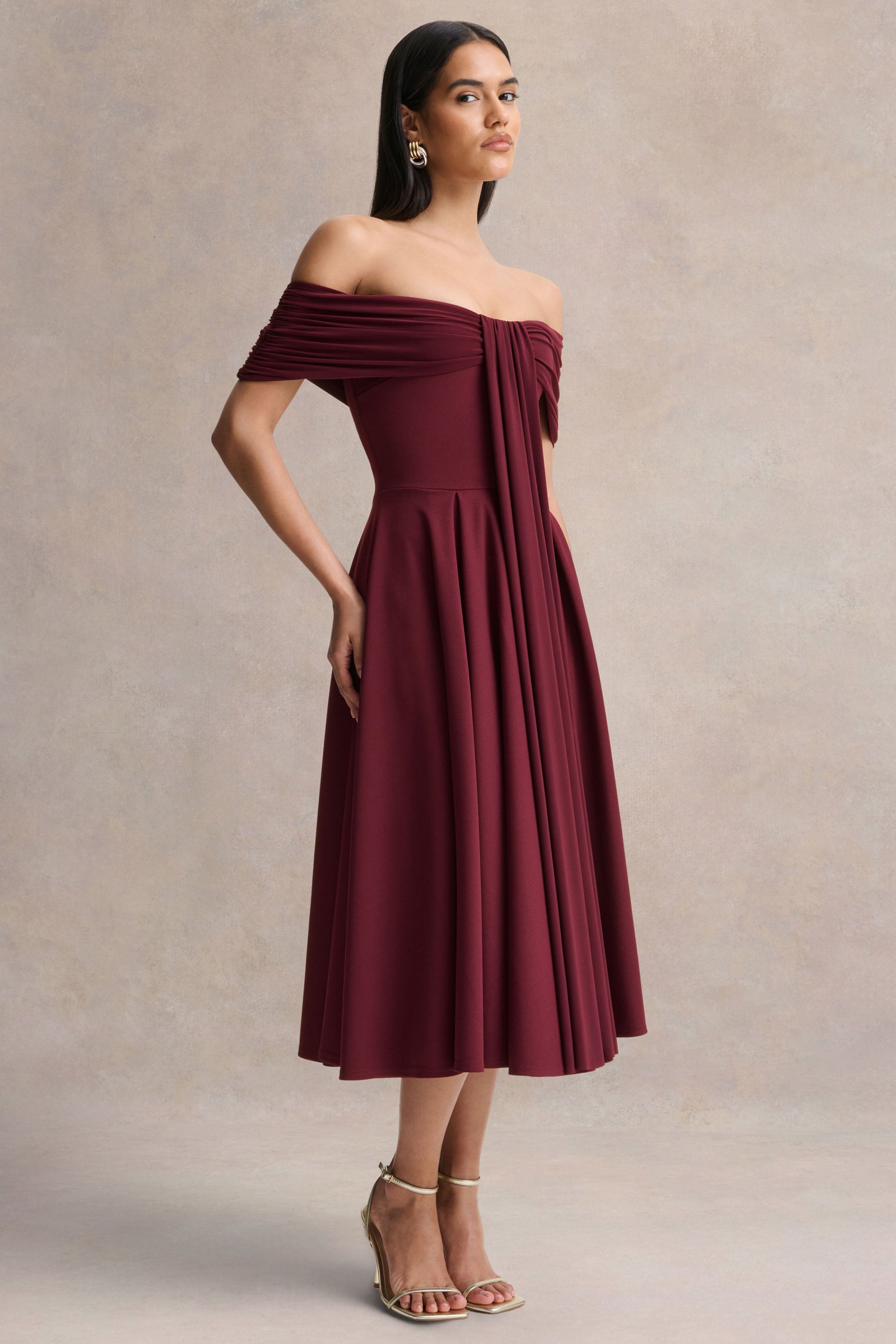 Dearest | Burgundy Bardot-Neck Midi Dress