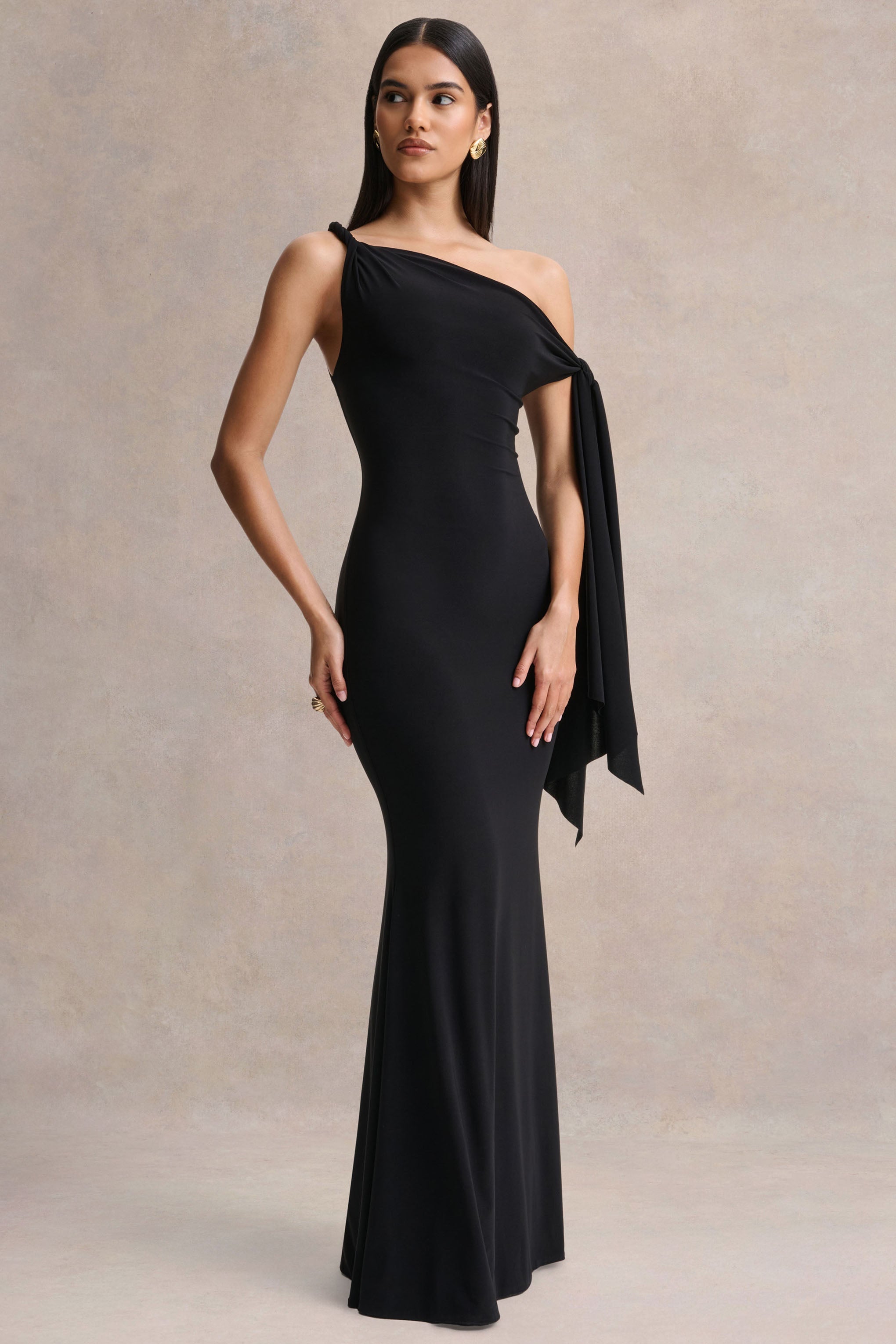 Vista | Black Asymmetric-Neck Maxi Dress With Knot-Sleeve Detail