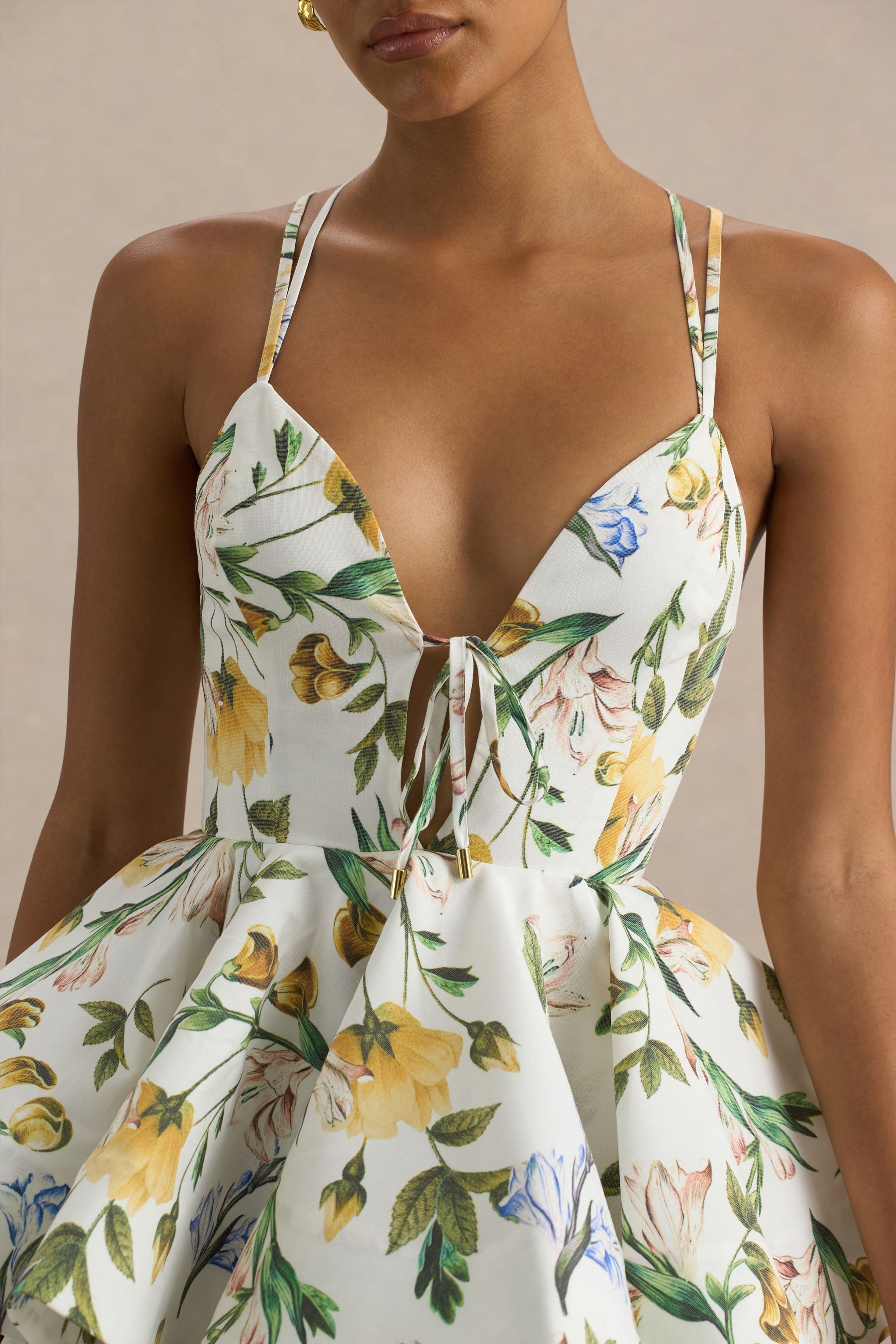 Flavia | White Botanical Print Plunge-Neck Ruffled Skater Micro-Mini Dress