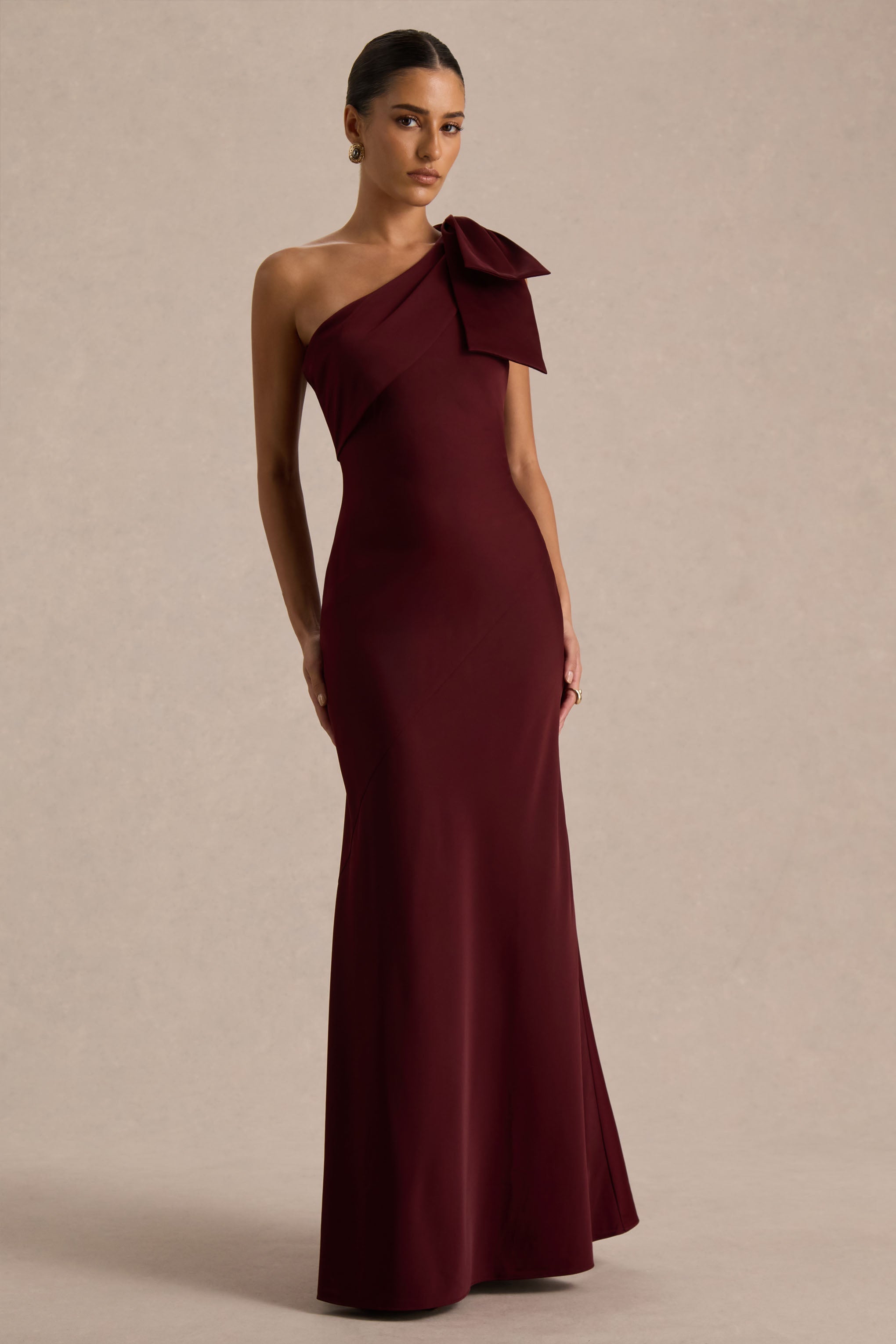 Josephine | Burgundy Satin Asymmetric-Neck Maxi Dress With Bow Detail
