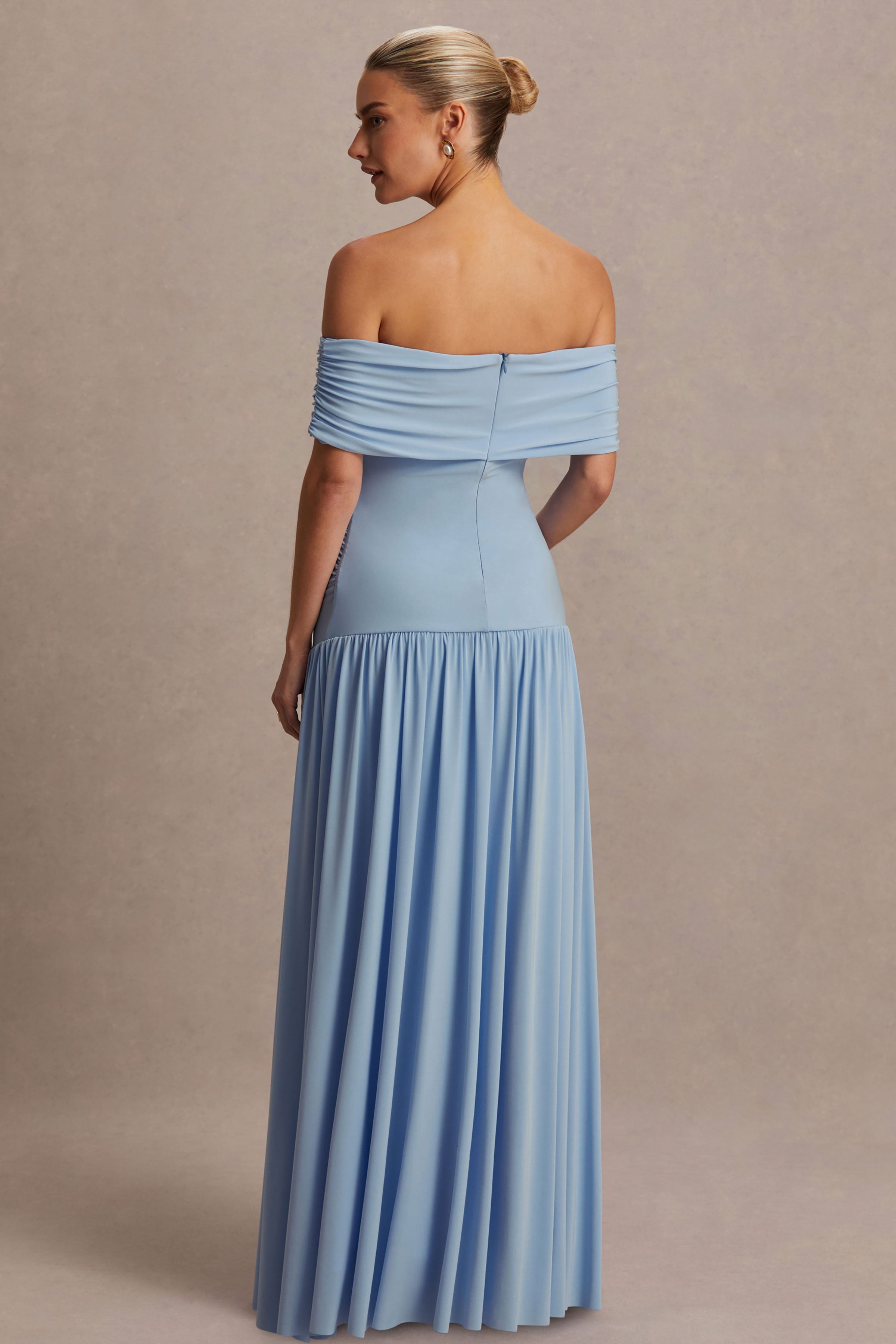 Juliette | Powder Blue Bardot-Neck Maternity Maxi Dress With Drop-Waist