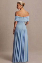 Juliette | Powder Blue Bardot-Neck Maternity Maxi Dress With Drop-Waist