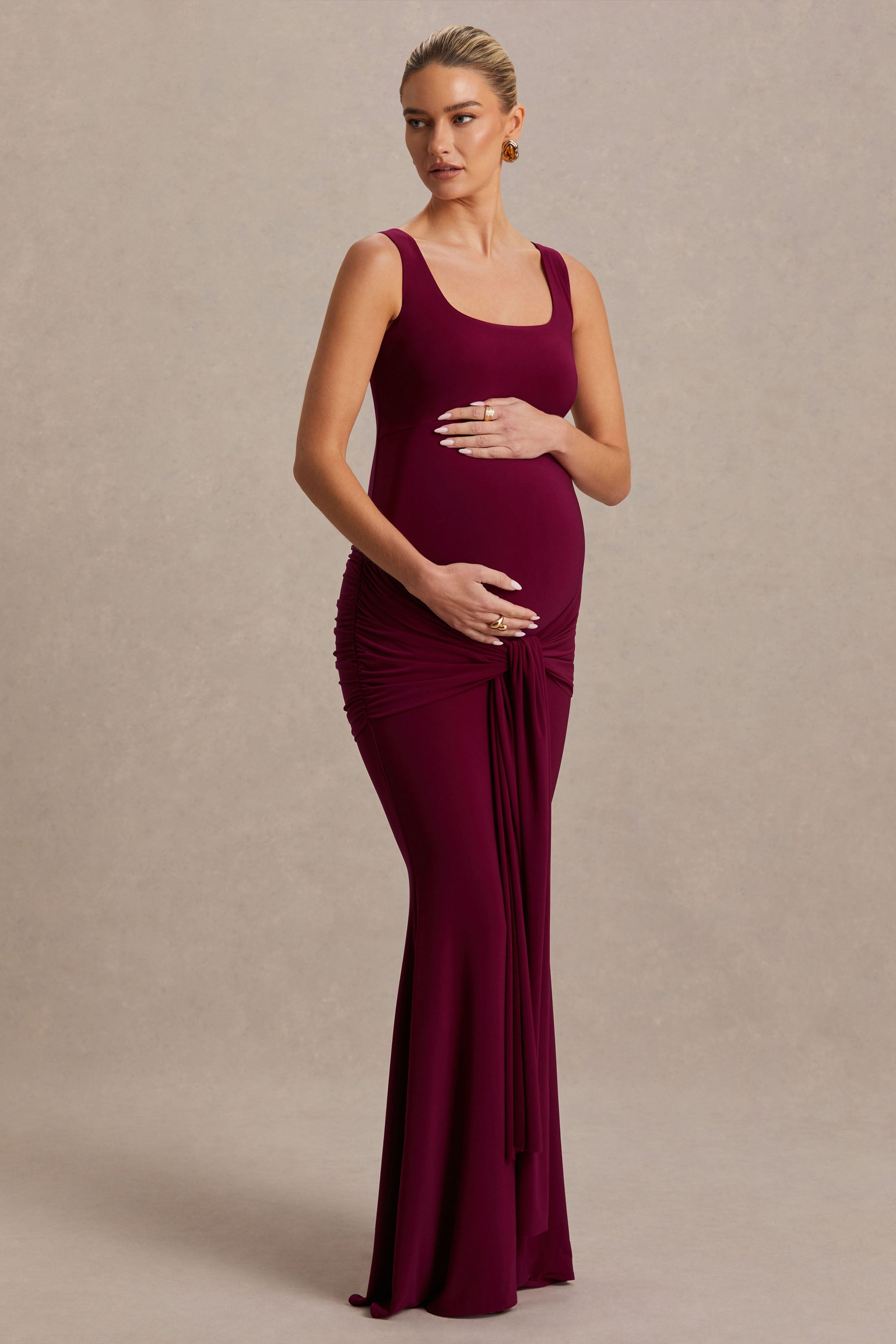 Baylin | Burgundy Square-Neck Maternity Maxi Dress With Ruched Detailing And Sash