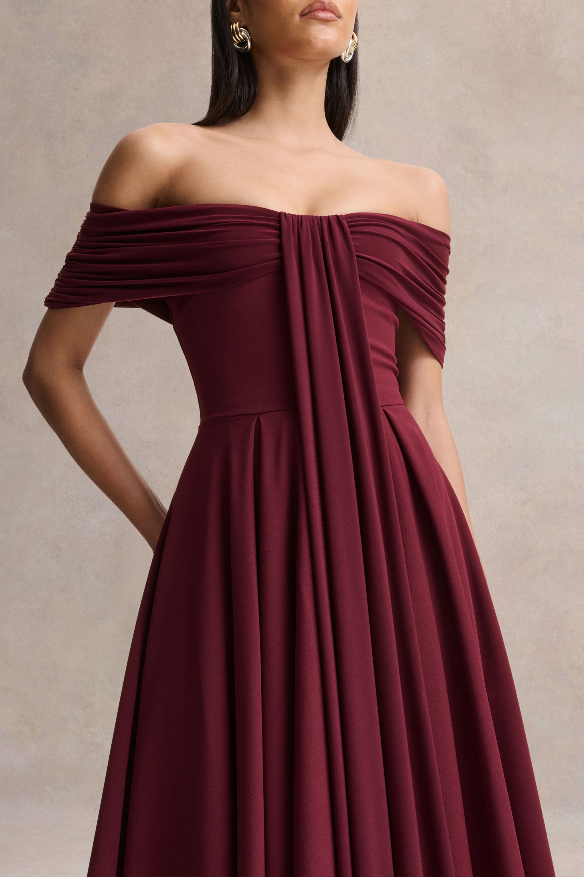 Dearest | Burgundy Bardot-Neck Midi Dress