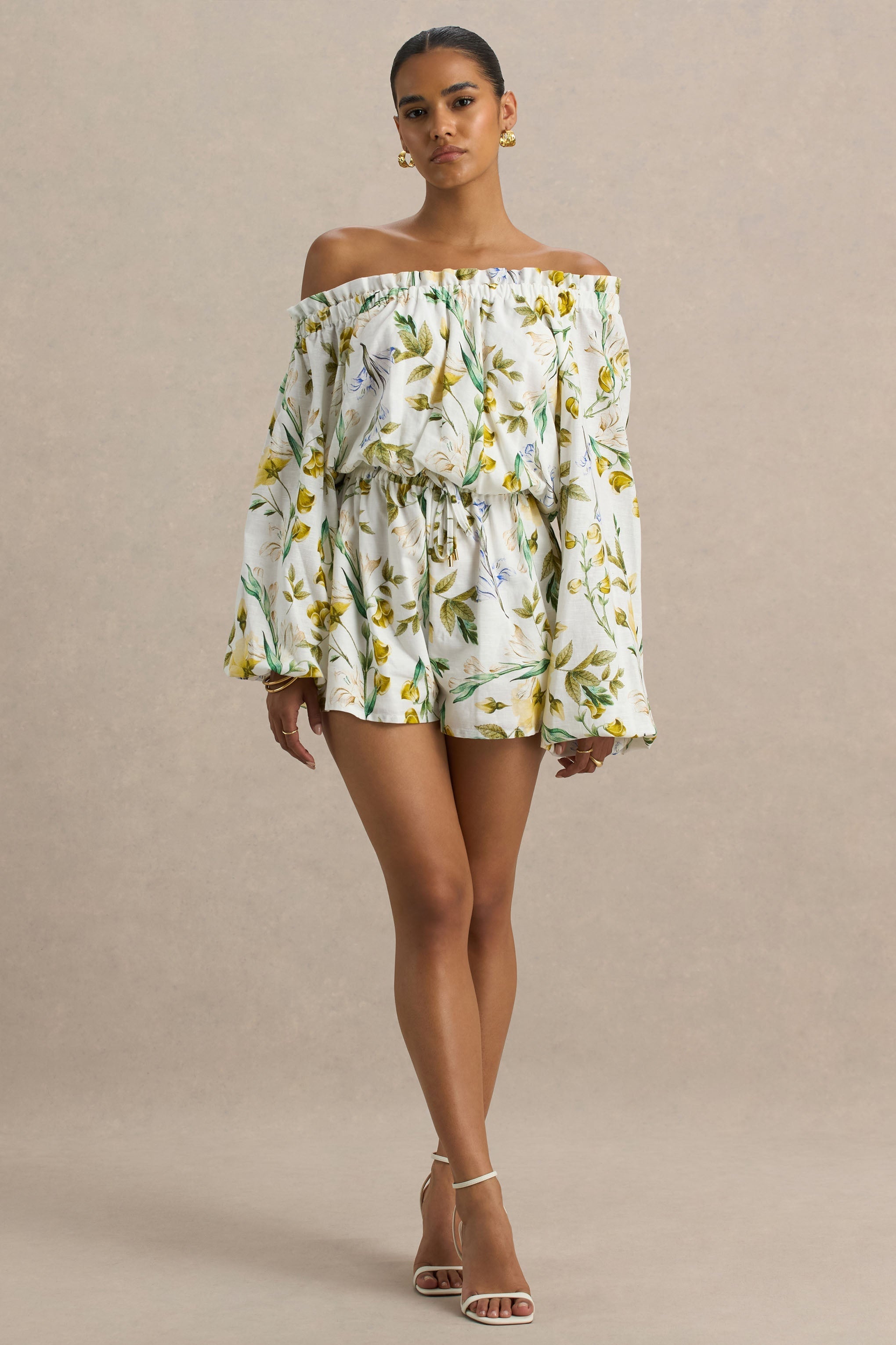 Waterfall | White Botanical Print Asymmetric Long-Sleeve Playsuit