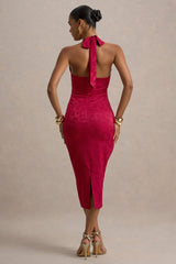 Aine | Red Satin Jacquard Cowl-Neck Midi Dress